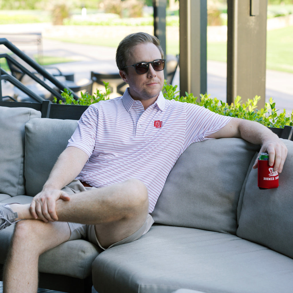 Oklahoma Sooners Crimson Stripe Gameday Polo on model