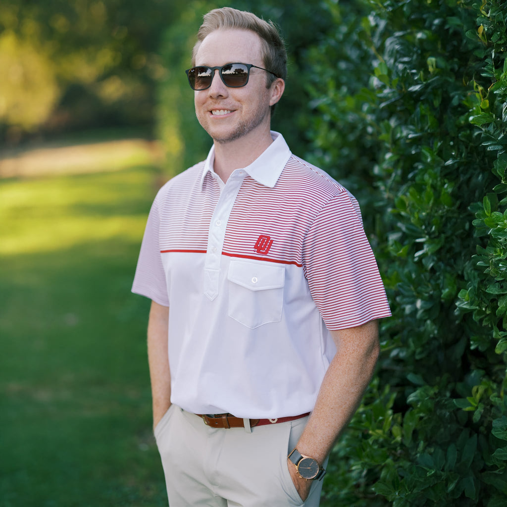 Red and white striped vintage OU disco logo gameday polo