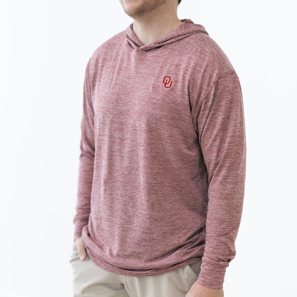 Crimson OU performance hoodie with model