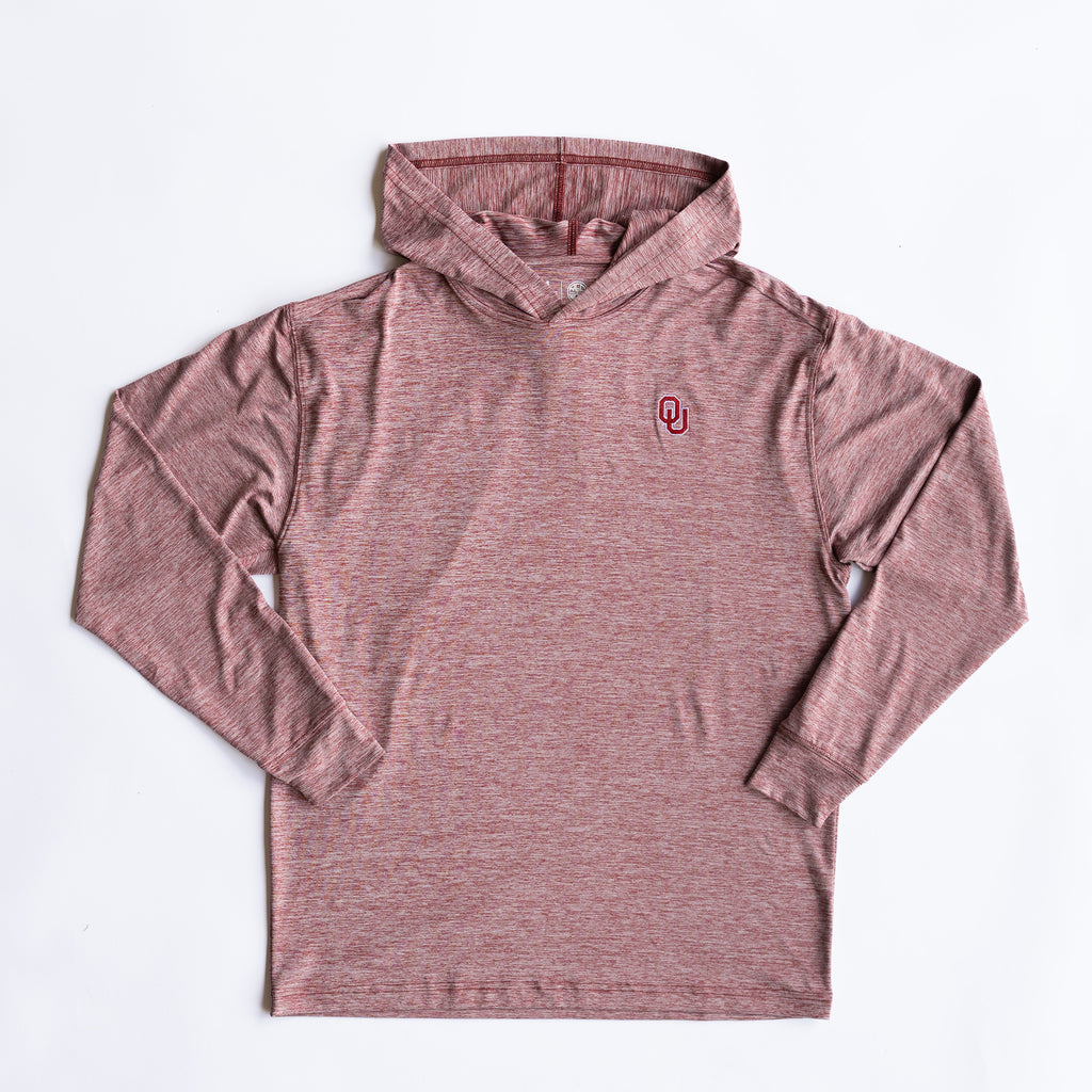Flat lay of crimson OU Sooners performance hoodie