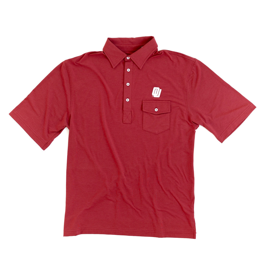 Flat lay of Oklahoma Sooners vintage crimson gameday polo