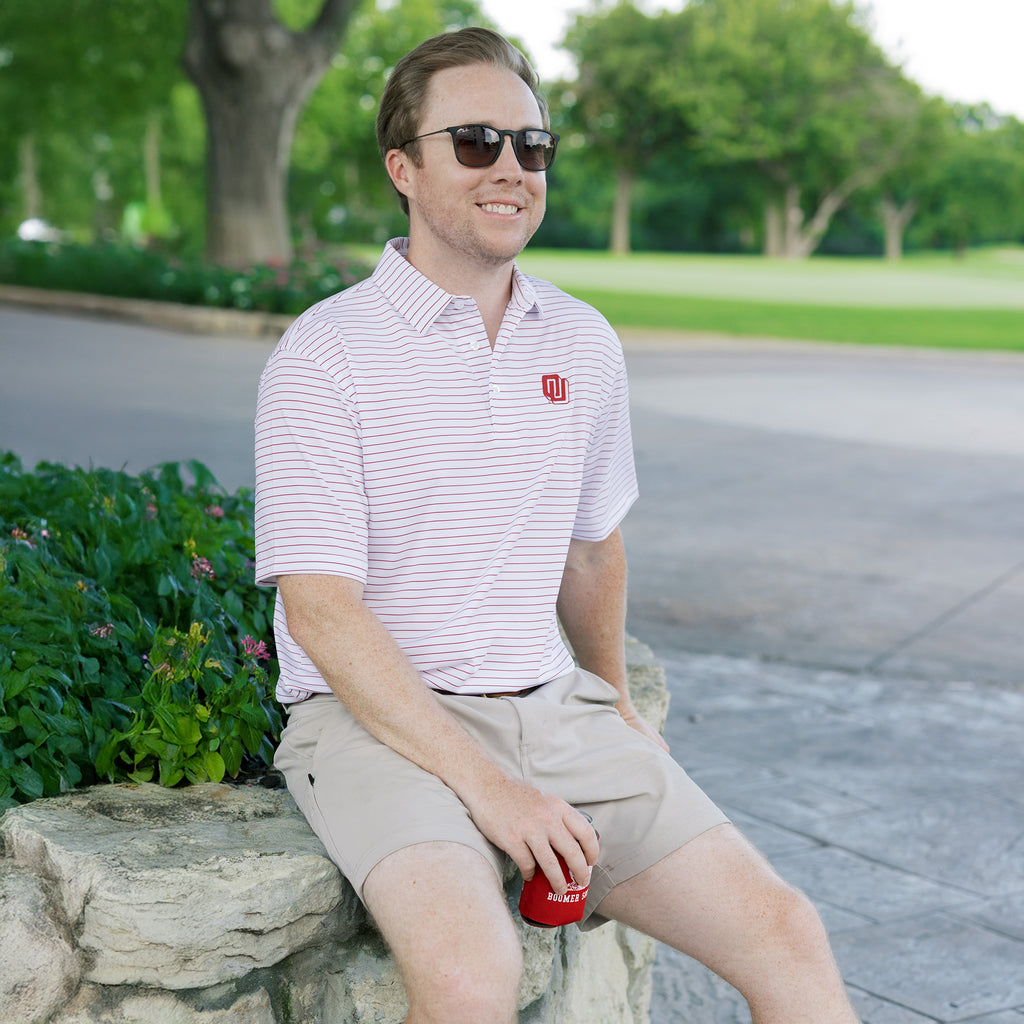 OU Sooners Crimson Stripe Gameday Polo worn by model