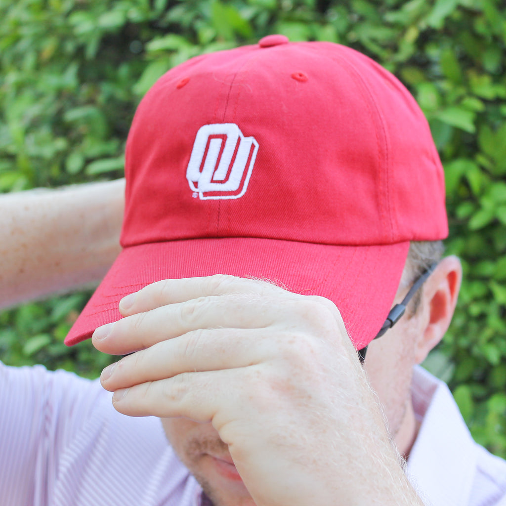 OU Sooners dad hat in crimson featuring vintage OU turbo logo

