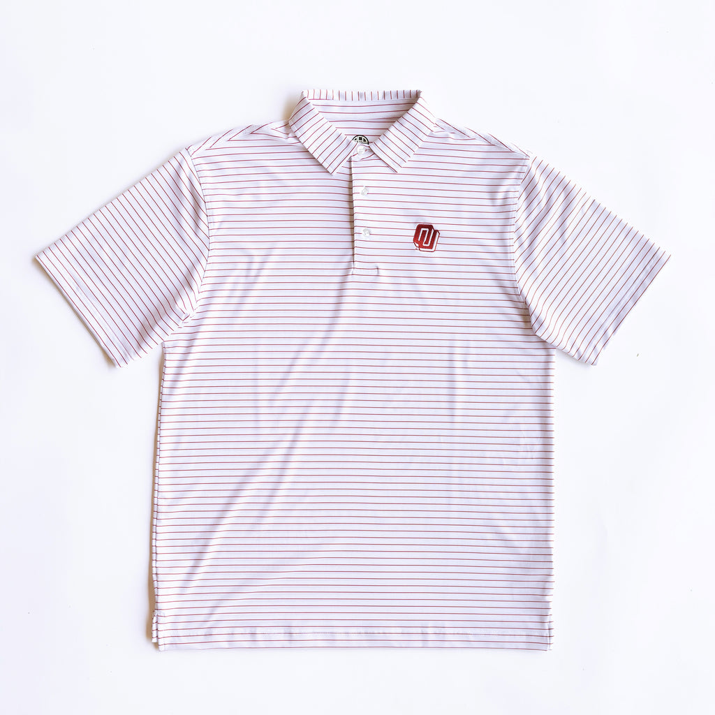 Flat lay of OU Turbo Logo Crimson Stripe Sooners Gameday Polo