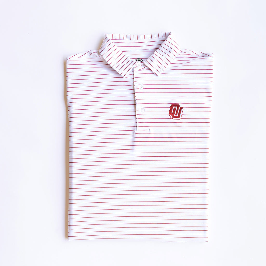 Folded OU Turbo Logo Crimson Stripe Sooners Gameday Polo