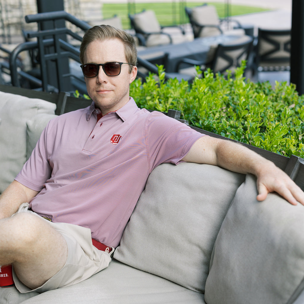 OU Sooners turbo logo mini stripe polo on model
