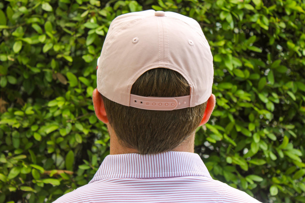 Back of peach OU Sooners turbo logo rope hat