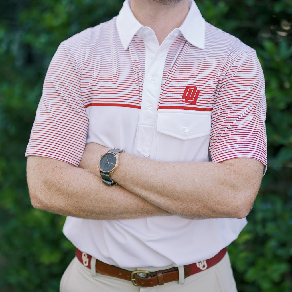 Red and West vintage OU disco logo gameday polo